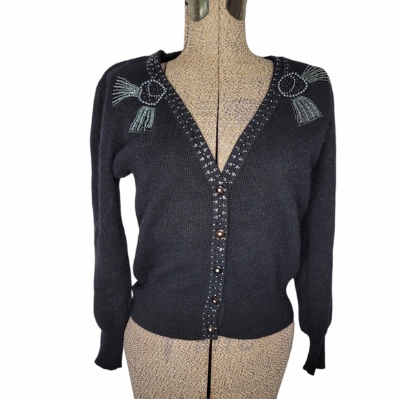 Vintage Sweaters - Vintage black knit cardigan with beading